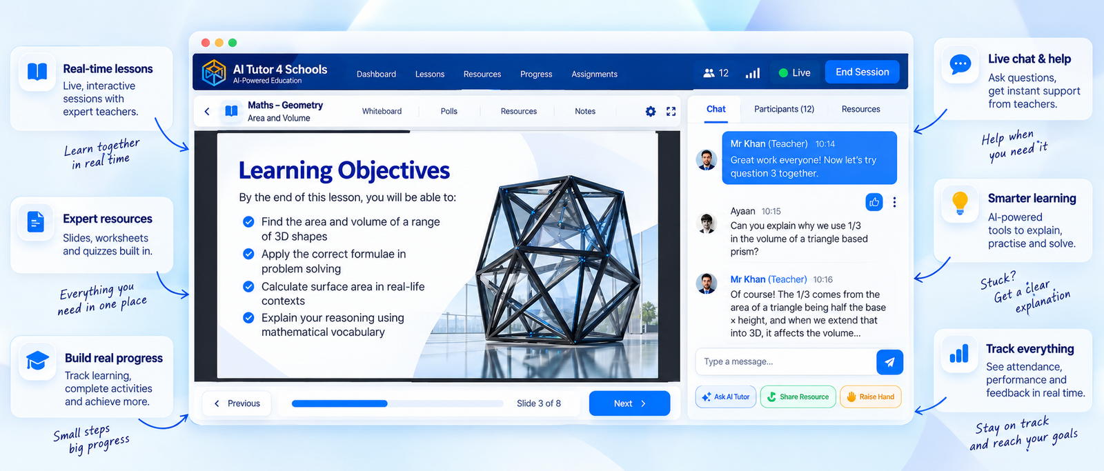 AI Tutor lesson with learning objectives, geometry slide and classroom chat
